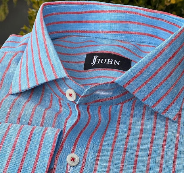 RESTOCKED Men's Shirt in Linen  Red on Blue Stripe