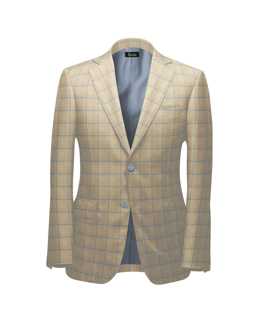 SS25 Linen Blazer in Tan with Blue Grid Check