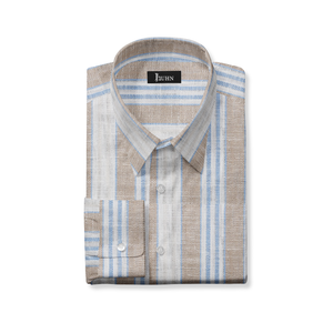 Linen Men's Shirt in Tan and Blue Vertical Stripe